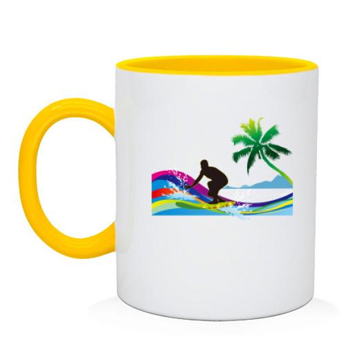 Чашка с серфингистом и радужными волнами