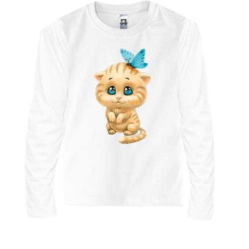 Детская футболка с длинным рукавом с котенком с бантиком