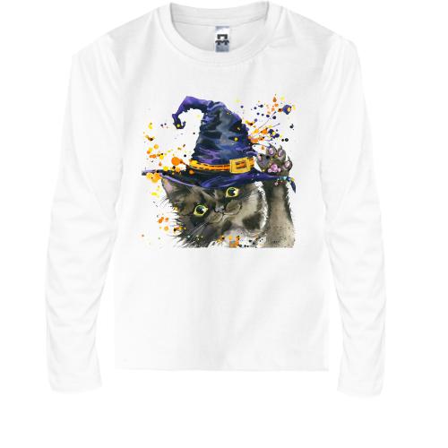 Детская футболка с длинным рукавом с котом в шапке волшебника