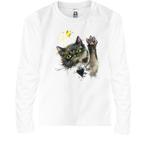 Детская футболка с длинным рукавом с акварельным котом (2)