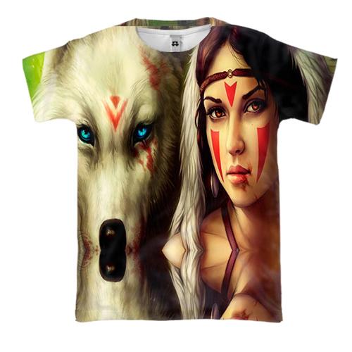 3D футболка с девушкой и белым волком в лесу