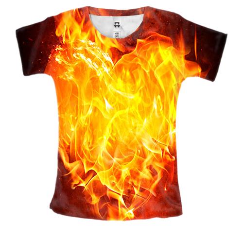 Женская 3D футболка с огненным сердцем