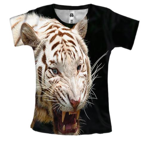 Женская 3D футболка с белым рычащим тигром