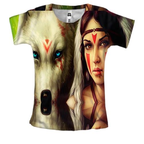 Женская 3D футболка с девушкой и белым волком в лесу