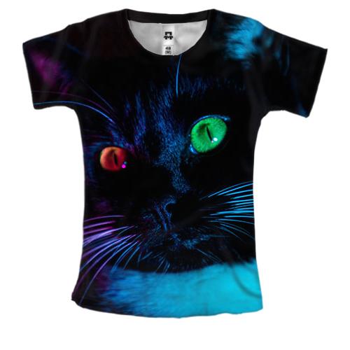 Женская 3D футболка кот с разными цветами глаз