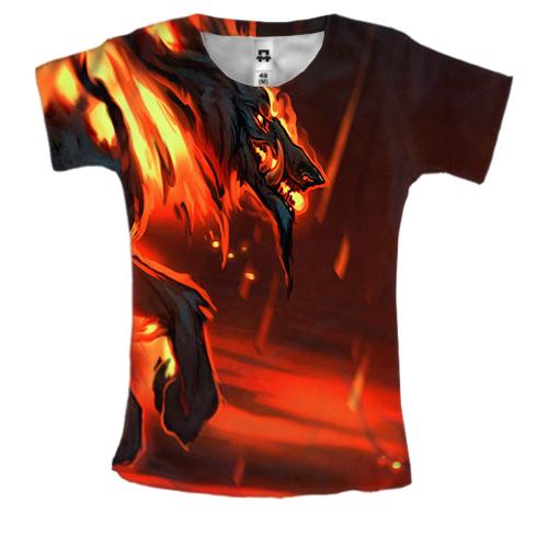 Женская 3D футболка с огненным волком