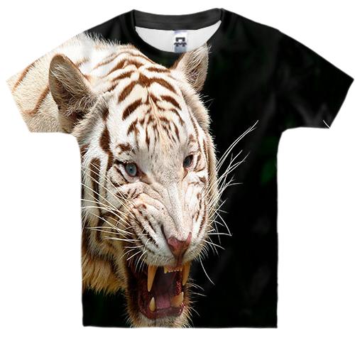Детская 3D футболка с белым рычащим тигром