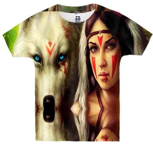 Детская 3D футболка с девушкой и белым волком в лесу