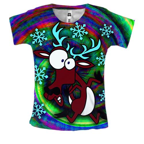 Женская 3D футболка с новогодним оленем в спектре