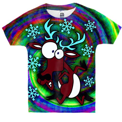 Детская 3D футболка с новогодним оленем в спектре