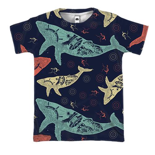 3D футболка с разноцветными китами