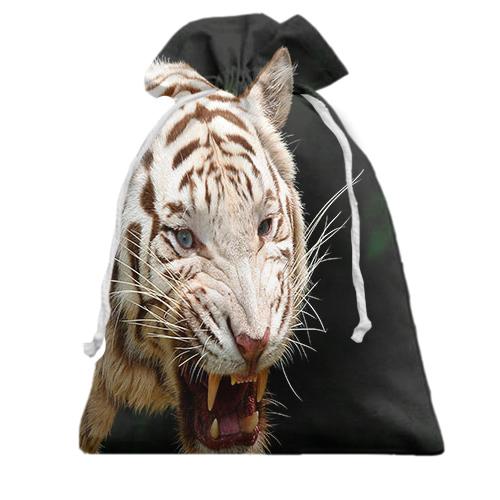 Подарочный мешочек с белым рычащим тигром