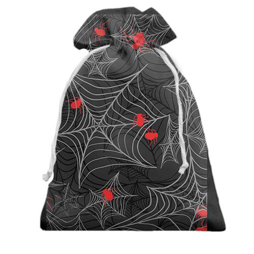 Подарочный мешочек с паутиной и красными пауками