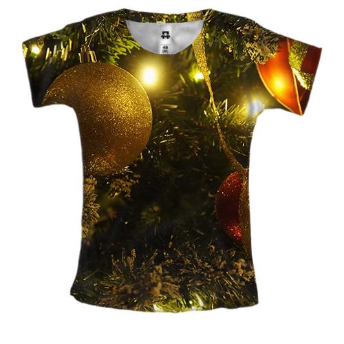 Женская 3D футболка с новогодней елкой и игрушками