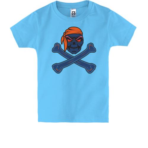 Детская футболка с синим скелетом в оранжевой бандане
