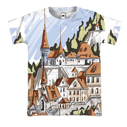 3D футболка с городом в горах