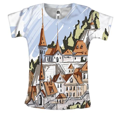 Женская 3D футболка с городом в горах