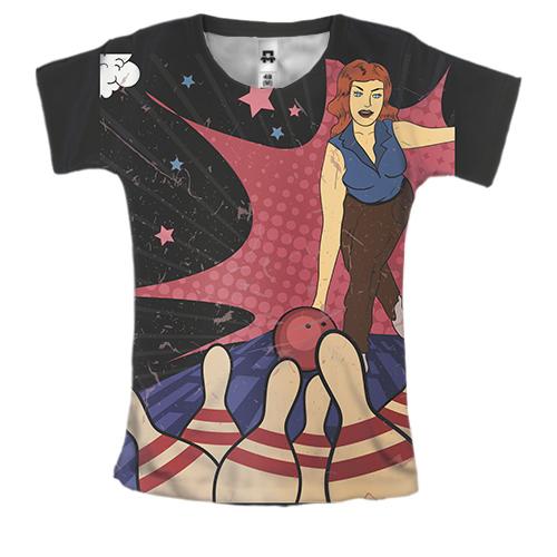 Женская 3D футболка с девушкой играющей в боулинг