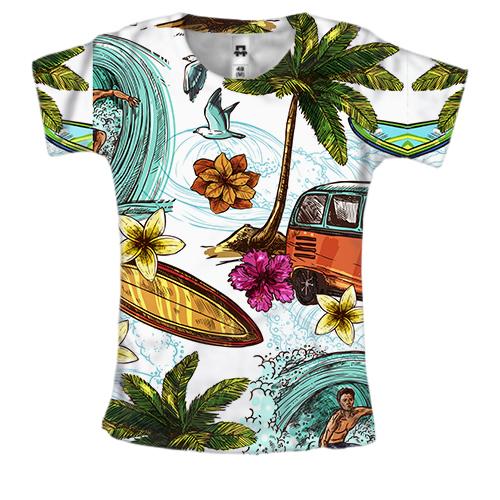 Женская 3D футболка с пляжем, пальмами и волнами