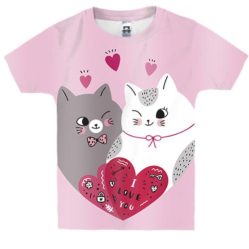 Детская 3D футболка с влюбленным серым и белым котом
