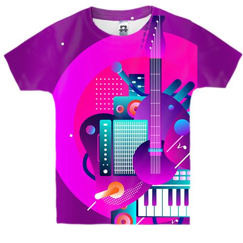 Детская 3D футболка с  градиентными музыкальными инструментами