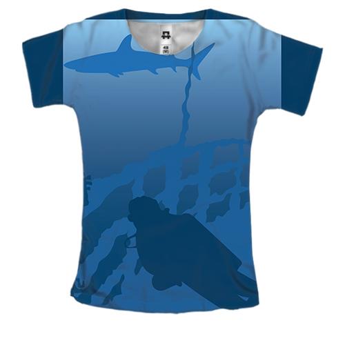 Женская 3D футболка с дайвером и акулой