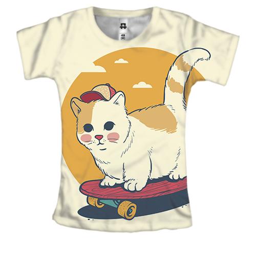 Женская 3D футболка с маленьким котом на скейте