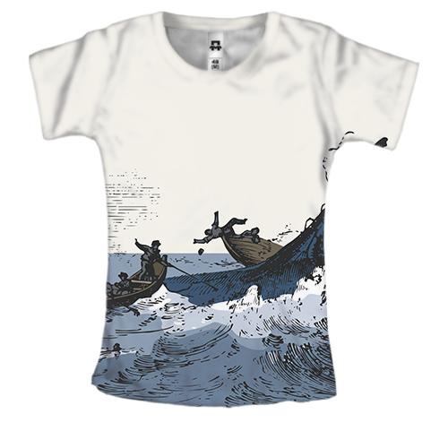 Женская 3D футболка с рыбаками и китом