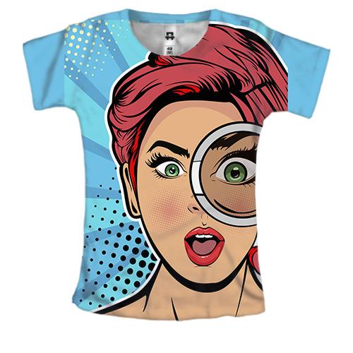 Женская 3D футболка с девушкой и лупой