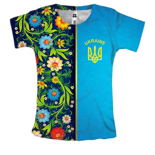 Женская 3D футболка с петриковской росписью и гербом Украины