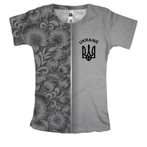 Женская 3D футболка с петриковской росписью и гербом Украины (че