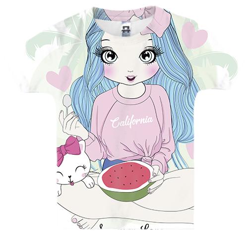 Детская 3D футболка с девушкой с котом Summer love
