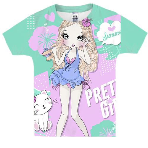 Детская 3D футболка с девушкой с котом Pretty girl