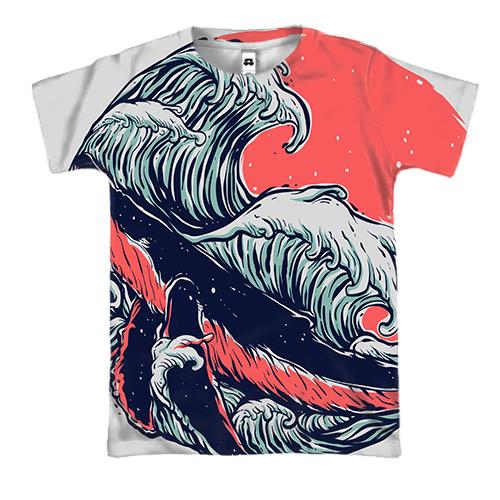 3D футболка с китом и волнами