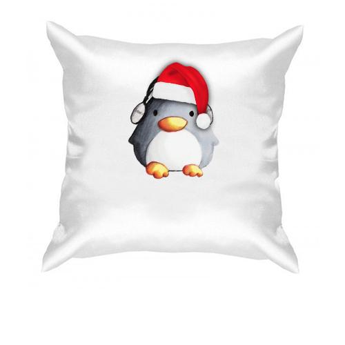 Подушка с пингвином в новогодней шапочке