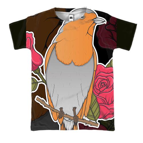 3D футболка с птицей и розой