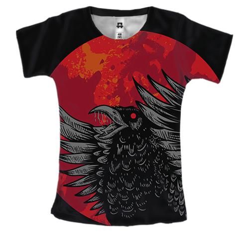 Женская 3D футболка с черным вороном в красном кругу