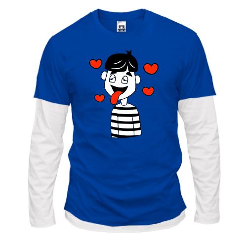 Комбинированный лонгслив Влюбленный парень в полосатой футболке.