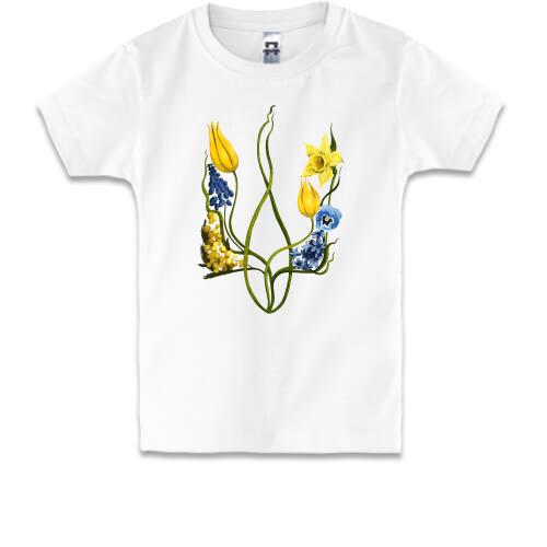 Дитяча футболка з гербом України із акварельних квітів