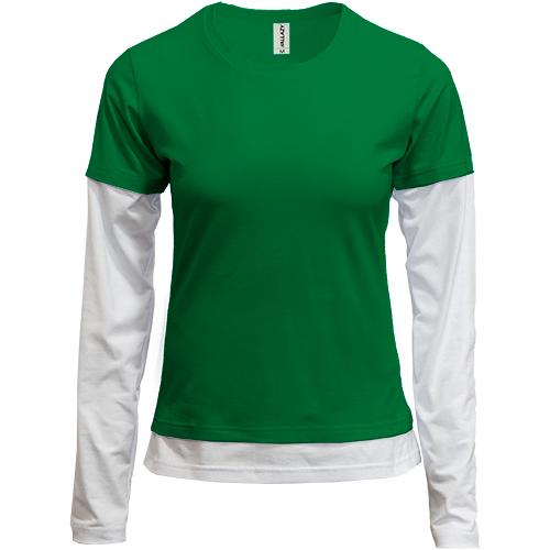 Жіноча зелена комбінована футболка з довгими рукавами 