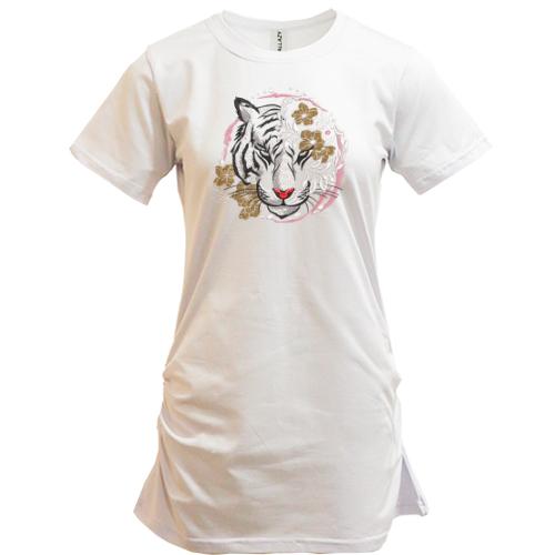 Подовжена футболка з білим тигром у квітах