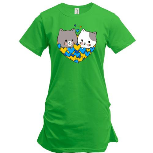 Подовжена футболка із закоханими котиками (жёлт/син)