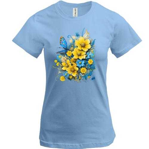 Футболка Желто-синий цветочный арт с бабочкой