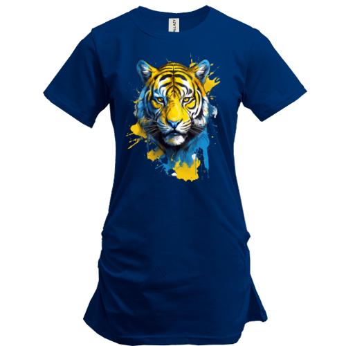 Подовжена футболка з тигром у жовто-синіх фарбах