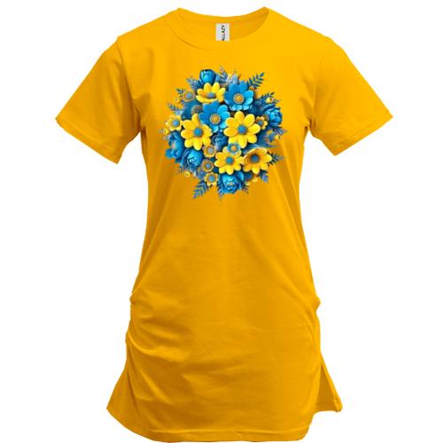 Подовжена футболка з жовто-синім букетом квітів (АРТ)