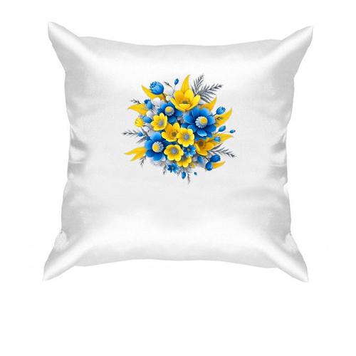 Подушка с желто-синим букетом цветов