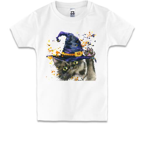 Детская футболка с котом в шапке волшебника