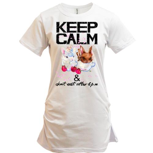 Подовжена футболка Keep calm and do not eat after 6 pm з зайчиками