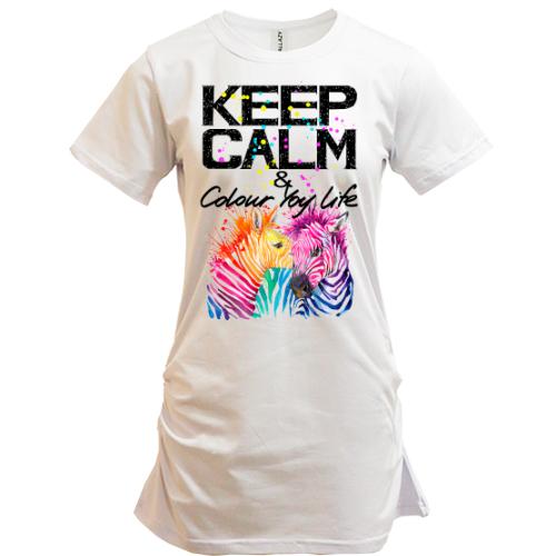Подовжена футболка Keep calm and colour your life з кольоровими зебрами