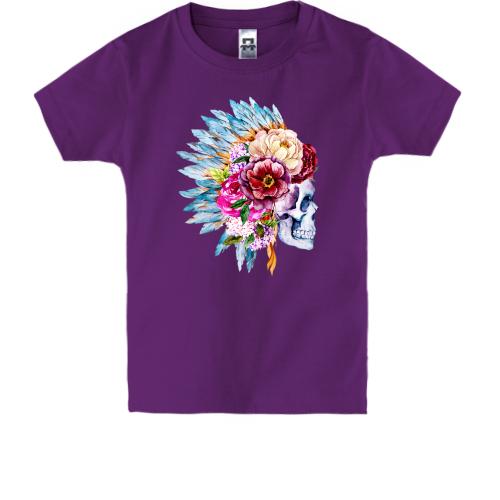 Дитяча футболка з черепом індіанця з квітами